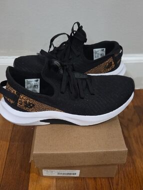 New Balance Black Knit Sneaker with Brown Leopard Accent